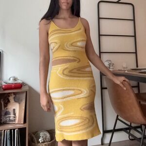 Yellow Swirl Cutout Knit Midi Dress Spaghetti Straps‎